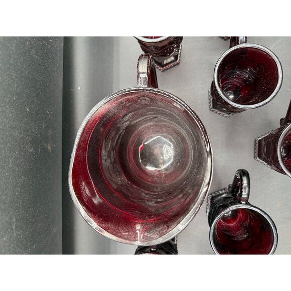 Vintage Avon Cape Cod Ruby Red Glass Footed Mugs with Matching Pitcher - Picture 3 of 8